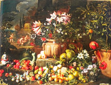 zz - fig. 7 - Abraham Brueghel - Natura morta di fiori, frutti, putti e animali - 158 - 210 - Roma collezione Nestore Leoni.JPG